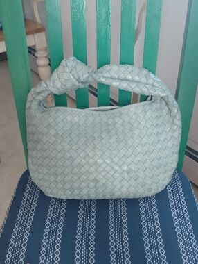 Woven Leather Knot-Handle Handbag in Soft Green